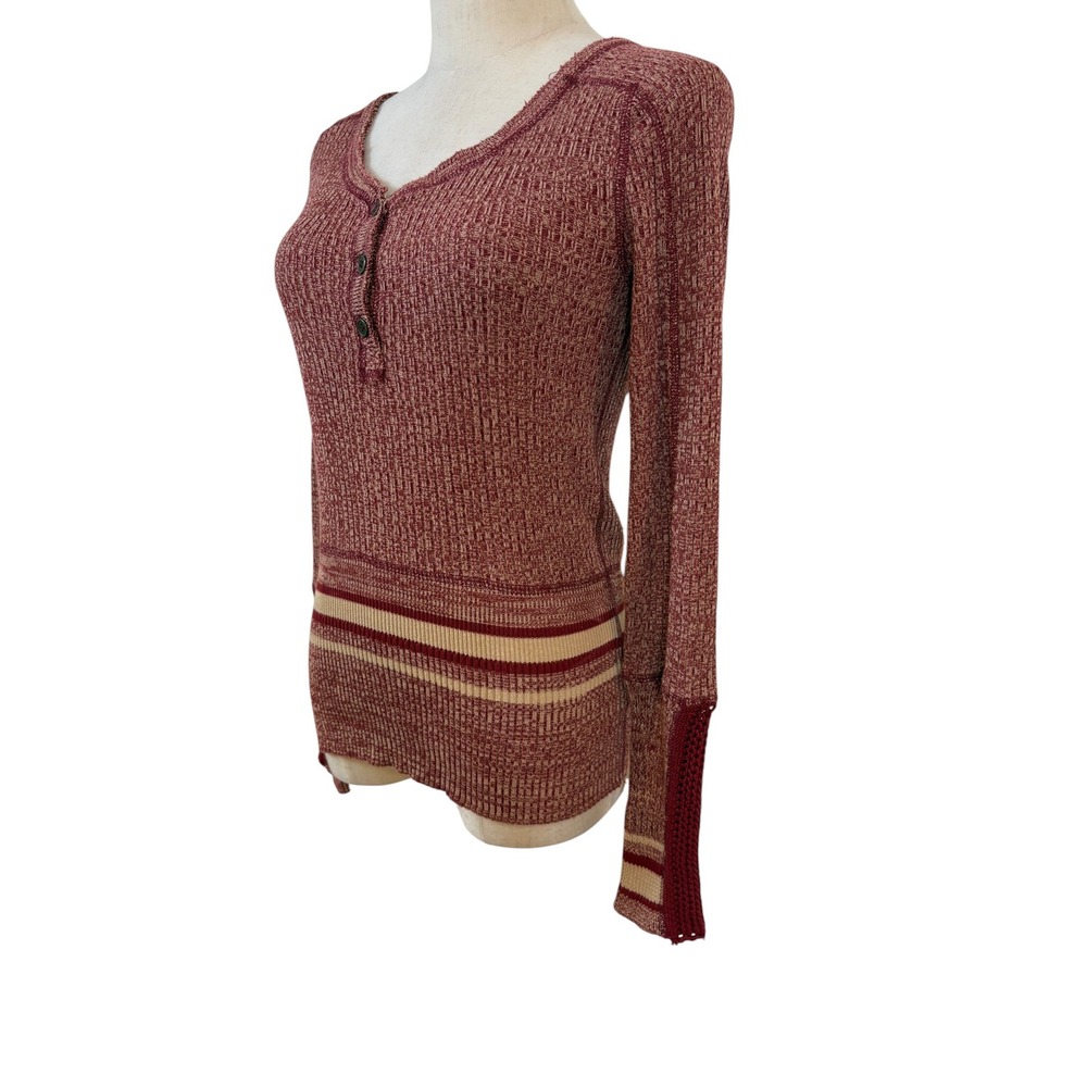 We The Free Henley Top Womens XS Burgundy Knit Thermal Striped Boho sock monkey - Picture 3 of 7